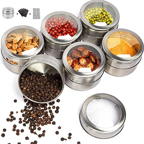 HOMGEN Magnetic Spice Jars Storage Containers Set, 6PCS Popular Stainless Steel Magnetic Spice Jars 100ml Portable Spice Jars BBQ Spice Storage Containers Set with Lids and Chassis for Kitchen etc