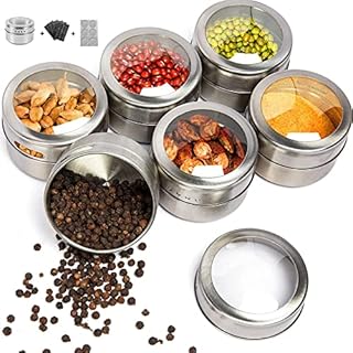 HOMGEN Magnetic Spice Jars Storage Containers Set, 6PCS Popular Stainless Steel Magnetic Spice Jars 100ml Portable Spice Jars BBQ Spice Storage Containers Set with Lids and Chassis for Kitchen etc