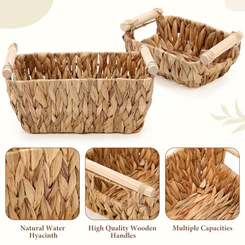 Newtay 4 Pack Wicker Storage Baskets, Hand Woven Basket for Organizing, Water Hyacinth Nesting Shelf Bins with Wooden Handles for Nursery Shelves, Bedroom Decor, Pantry School Office Desk, 4 Size by Newtay - Used condition - Image 3