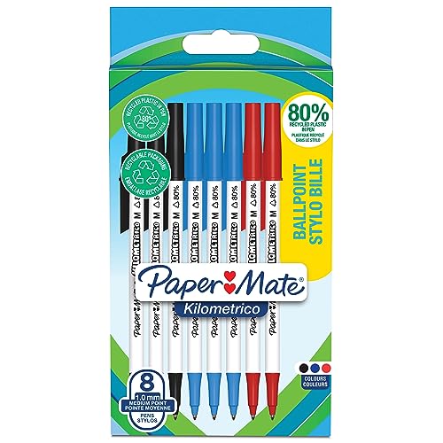 Długopisy Paper Mate Kilometrico, Długotrwałe Pisanie Końcówką O Średniej Grubości (1,0Mm), Tusz w Kolorze Czarnym, Niebieskim i Czerwonym, Tworzywo Sztuczne, 8 Sztuk