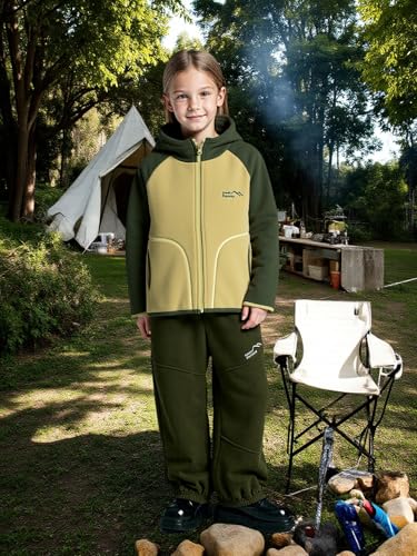 Kids Fleece Jacket, Color Block Hooded Coat, Full-Zip Winter Outerwear with Pockets, (US, Numeric Height, 140, Fruit green)2