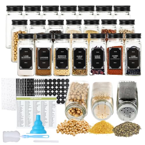 Juego de 24 tarros de especias de cristal cuadrado de 120 ml con accesorio para esparcir, herméticos con tapa de aluminio, incluye 648 etiquetas, bolígrafo, embudo y cepillo, para pimienta, hierbas