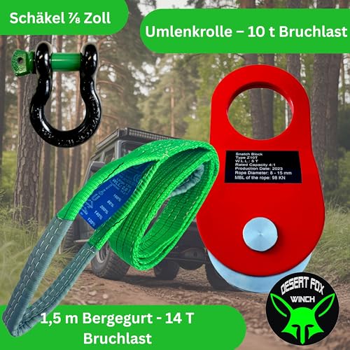 Desert Fox Winch Bergeset – Umlenkrolle 10 t | 1,5 m Bergegurt 14 t (WLL 2 t) nach EN 1492-1 | Schäkel 7/8 Zoll, 6,5 t Nutzlast | Seilwinden & Offroad Recovery Set für SUV, 4x4 & Wohnmobil