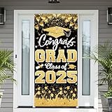 2025 Graduation Party Decorations - Black Gold Congrats Grad Class of 2025 Banner Graduation Party Supplies Front Door Porch Sign Banner Backdrop Wall Decor Indoor/Outdoor