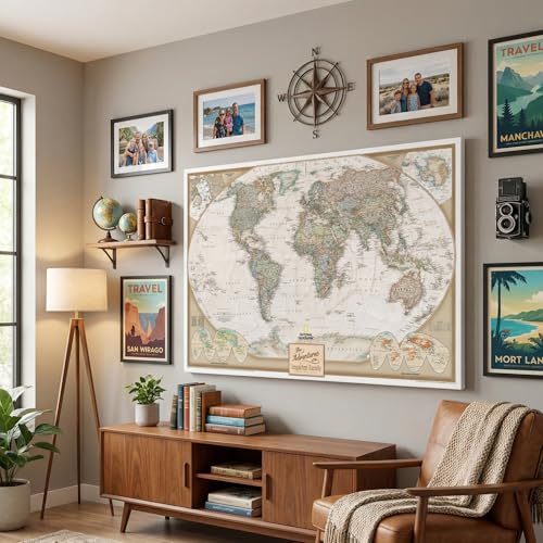 Image of Executive World Map with Pins - Detailed National Geographic Canvas Travel Map - Extra Large Modern Frameless Wall Art - Gallery Wrap - 34 inch x 51 inch