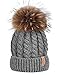 FURTALK Women Lady Girls Crochet Knit Fur Hat With Real Fox Fur Pom Pom Bobble Winter Beanie Hat (Grey)