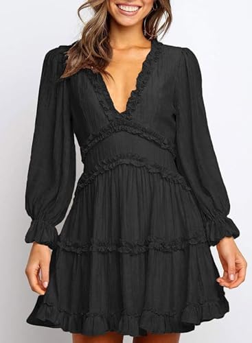 Dokotoo Women's Cute Spring Spring Summer Casual Sexy Deep V Neck Ruffle Chiffon Lantern Bell Sleeve Elegant Boho Hawaiian Flowy Mini Short Skirt Dresses For Women Party 2023 Black X-Large #TOP4