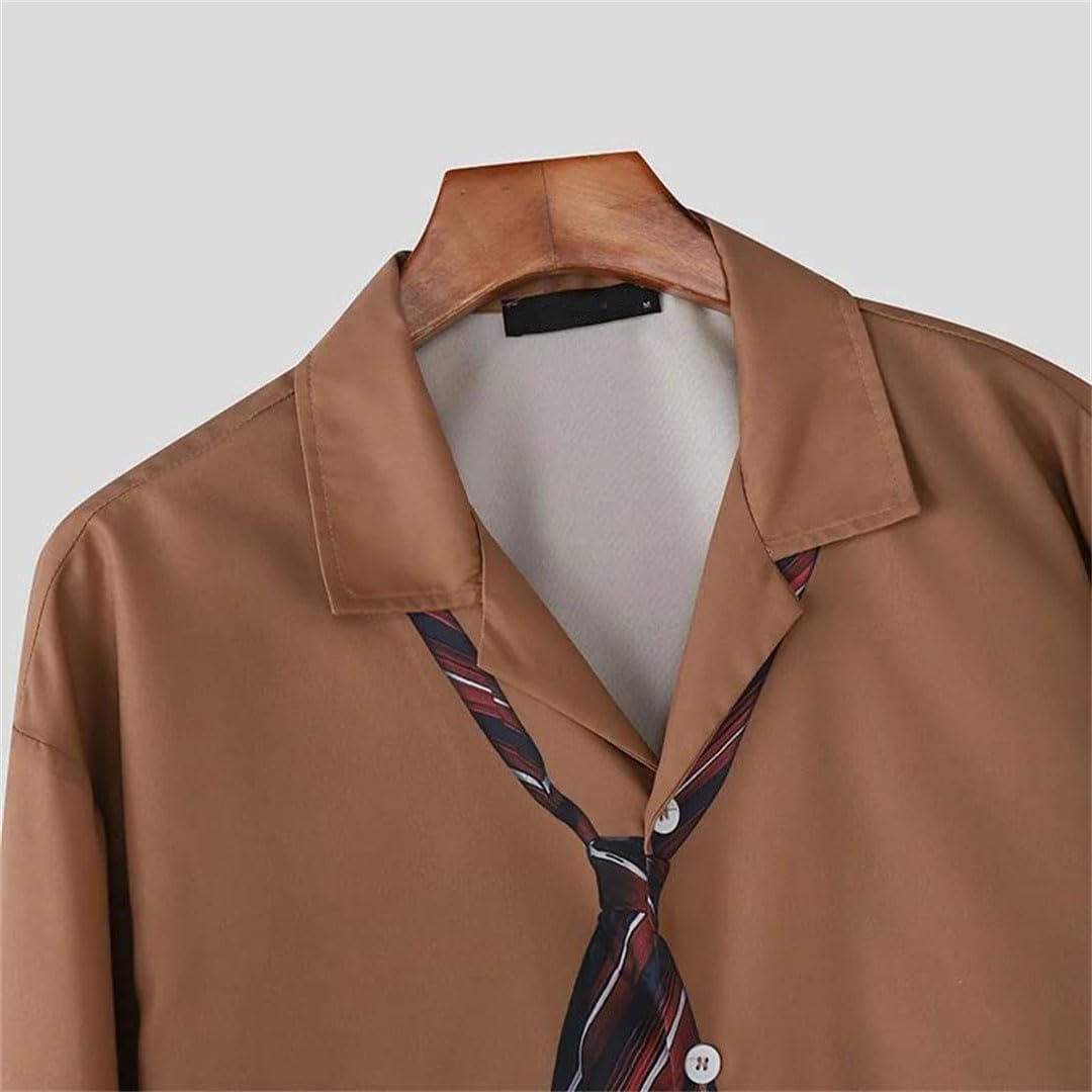 Men Spring Printing Patchwork Lapel Long Sleeve Button-Down Shirt with Tie Detail Loose Top