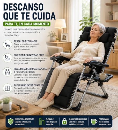 Miniatura 2 de Fortek Silla Gravedad Cero Para Recuperación Postoperatoria Y Personas Mayores.Reclinable Y Plegable, Tumbona Acolchada Para Descanso Y Relax En Casa, Interior, Terraza Y Jardín