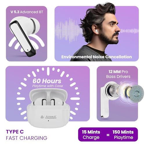 Image of AROMA TWS19 Power V5.4 True Wireless Earbuds - Dazzling White | up to 60H Playtime, ENC, Fast Charging, Bluetooth