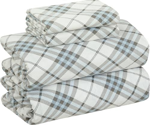 Bliss Casa 4 Piece 100% Cotton Flannel Sheets King Size Bed Set - Warm & Extra Soft - Deep Pockets, Breathable, All Seasons Comfy - Double Brushed Bed Sheet (Blue Check)