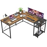 Foxemart L-Shaped Computer Desk, Industrial Corner Desk Writing Study Table with Storage Shelves, Space-Saving, Large Gaming Desk 2 Person Table for Home Office Workstation, Rustic Brown/Black