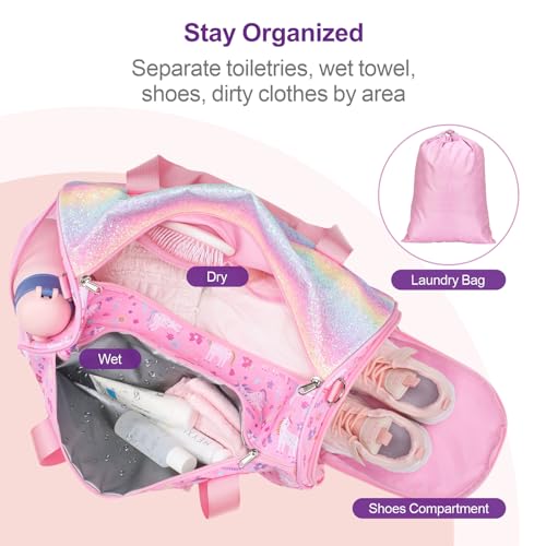 Bagseri Dance Bag for Girls - Ballet Tote with Shoes Compartment, Kids Duffle Bag for Overnight Travel with Dry Wet Separation Pockets（Glitter Unicorn, Pink）4