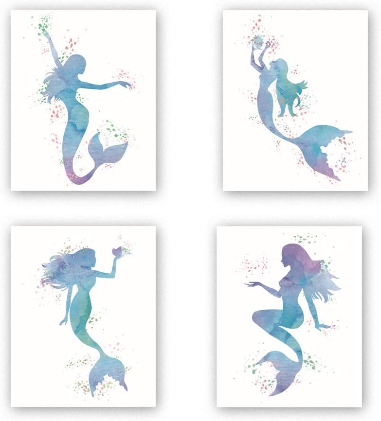 Graceful Movements Mermaid Watercolor Art Print,Legend of The Sea,Set of 4(8" x10") Unframed Canvas Print, Great Gift for Girls Bedroom Bathroom Home Decor