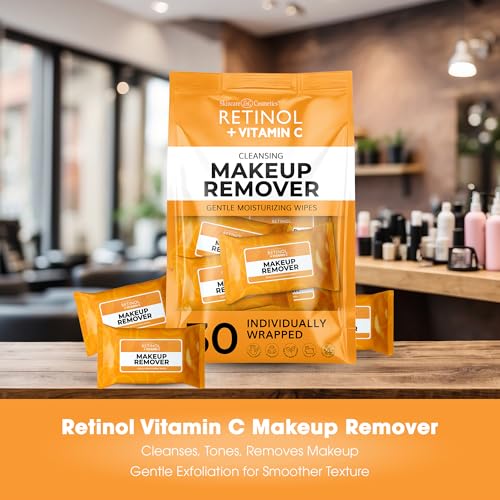 LIVAURA Retinol + Vitamin C Individually Wrapped Makeup Remover Wipes, travel essentials for Travel & On the Go, women facial cleansing towelettes, removes makeup & sunscreen - 30 single face wipes