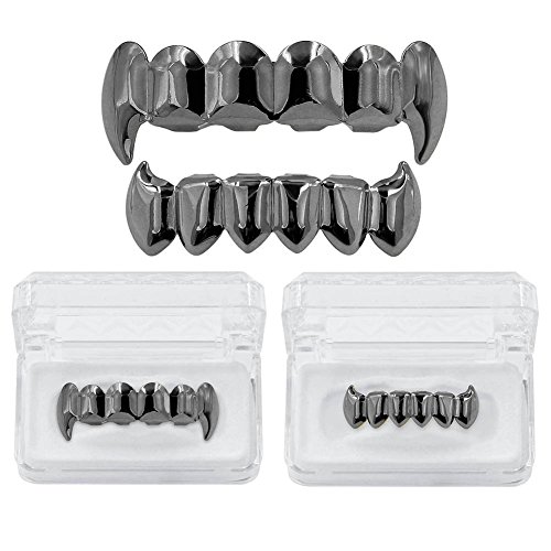 Jinao Face 18K Gold Black Plated Grills For Your Teeth Hip Hop Metal Vampire Fangs Top Bottom Teeth Grillz Set For Men And Women (Black Grillz) #TOP3