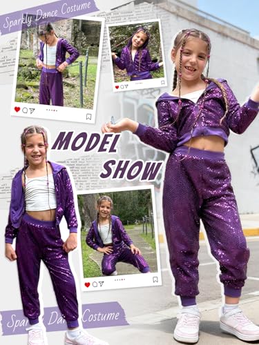 Image of LOLANTA 2Pcs Girls Dance Outfits Cropped Sequin Jacket Pants Set, Kids Hip Hop Dance Costumes for 80s 90s Party 5-15 Years