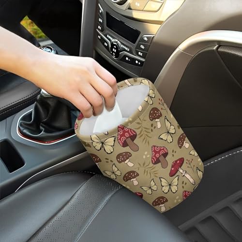 Image of Brown Mushroom Butterfly Car Trash Can Collapsible Back Seat, Front Console, Floor, or Hanging Headrest Waste Basket for Car SUV Trucks