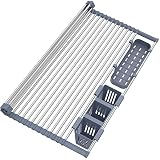Extra Large Expandable Roll Up Dish Drying Rack Up to 25.1''with 2 Storage Baskets,Over The Sink Kit