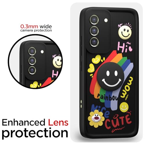 Image of Pikkme Back Cover for Samsung Galaxy S21 Fe 5G | Soft Silicone| Cute Rainbow Smile & 3D Cartoon Flower Design | Shockproof Raised Camera Protection Bumper Case (Black)