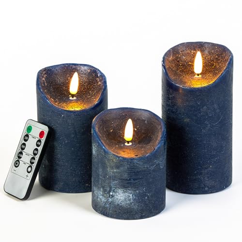 Flameless Candles Battery Operated Set of 3 (H4 5″ 6″ x D3.15) Flickering Flameless Candles with Remote LED Candles for Party, Home, Holiday Decor Indoor and Outdoor Events (Navy Blue)