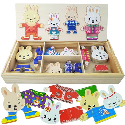 LilyBeauty Boîte de Puzzle en Bois pour Famille de Lapins (72 pièces) : Jeu de Déguisement pour Enfants, Activités d'apprentissage pour Éveil des Petits de 3+ Ans