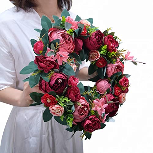 Artificial Floral Wreath 16 Inches Peony Wreath Round Silk Indoor And Outdoor Floral Wreath Home Decor For Front Door Wall Outdoor Farmhouse Decor, Red #TOP1