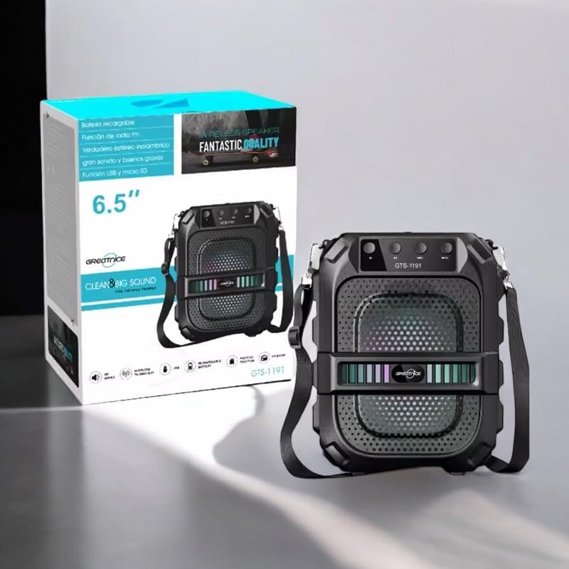 GTS-1191 speaker with its retail box and shoulder strap