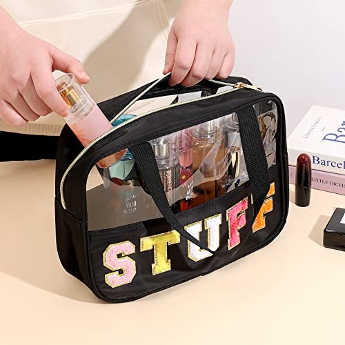 Chenille Letter Patch Clear Bag,Preppy Multi-Purpose Pvc&Nylon Clear Makeup Bag With Handles,Large Travel Makeup Toiletry Storage Zipper Pouch, Tote Bag For Women (Black-Stuff) #TOP6