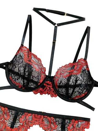 Image of Lilosy Sexy Choker Floral Lace Scallop Sheer Underwire Push Up Garter Belt Lingerie Set 3 Piece