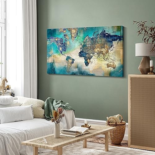 Image of Large World Map Canvas Prints Wall Art for Living Room Office 24x48 Green World Map Picture Artwork Decor for Home Decoration