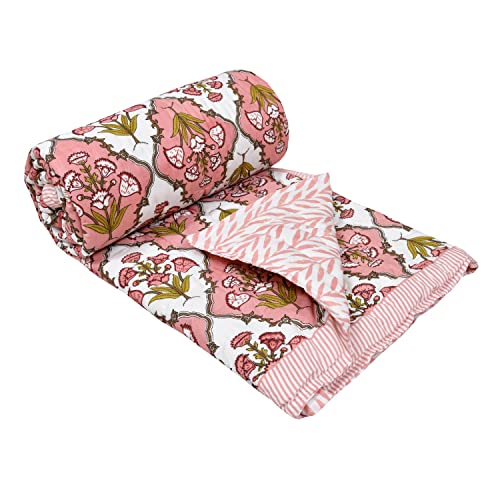 Image of BLOCKS OF INDIA Cotton Single Size Quilt Hand Block Print for Light Winters (60X90 Inches, Peach Flower), Lightweight, 300 TC