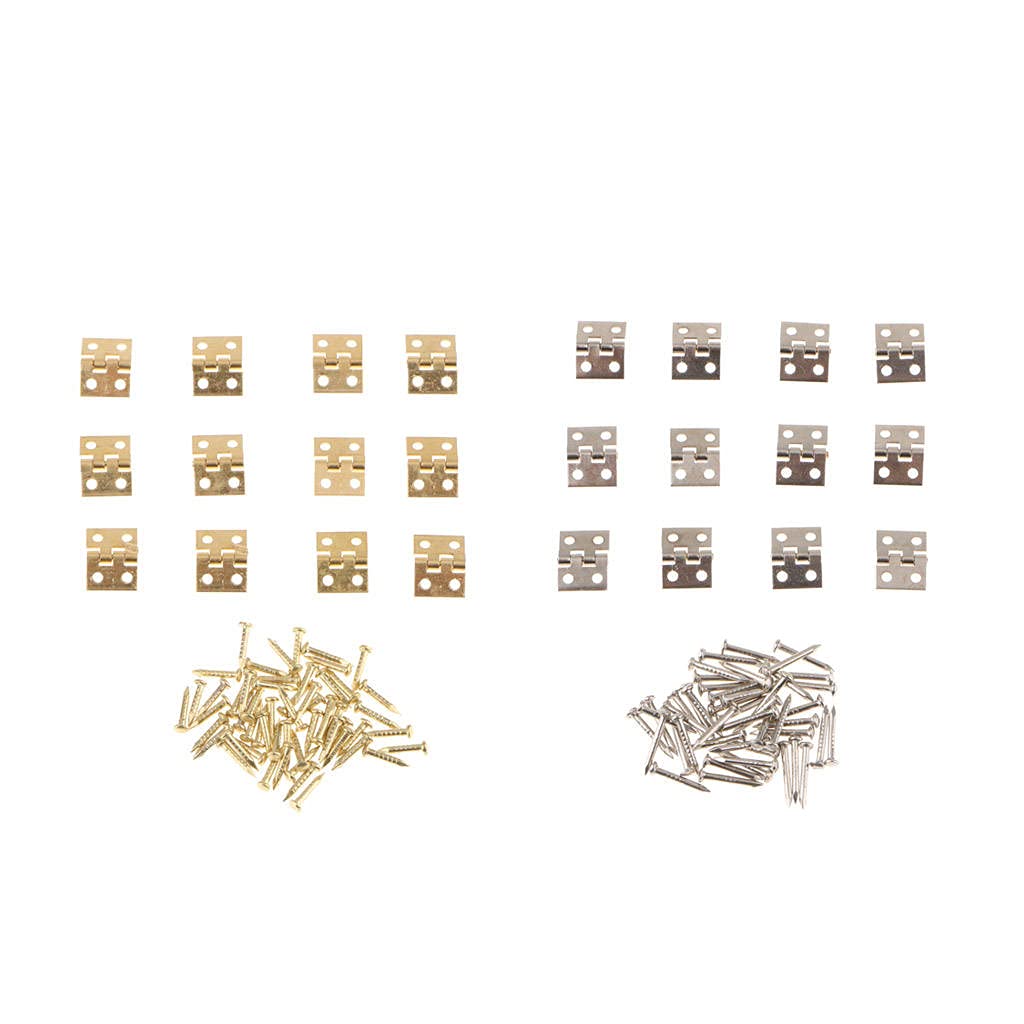 FLAMEER 24Pcs Small Mini Metal Hinges Jewellery Box Dollhouse Hinge with Screws 8x10mm Golden Silver Color