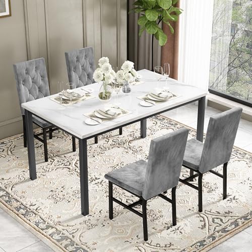 Dining Table Set for 4, Faux Marble Small Kitchen Table Chairs Set…