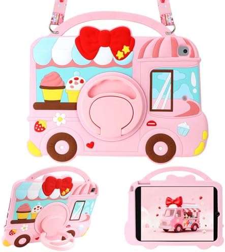 VOFUOE for iPad 9th/8th/7th Generation Case Kids Girls with Shoulder Straps Rotating Stand Shoulder Straps Sweet Dessert House Design Soft Silicone Cover for iPad 10.2 Case 2021 2020 2019 -Hot Pink