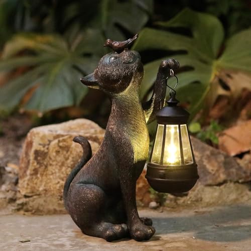 IVCOOLE Outdoor Cat Statues Solar Garden Decor : Cat Figurine with Bird Decor Unique Garden Art for Porch Patio Balcony Yard Lawn Ornaments - Birthday Housewarming Gifts for Grandma Mom Women