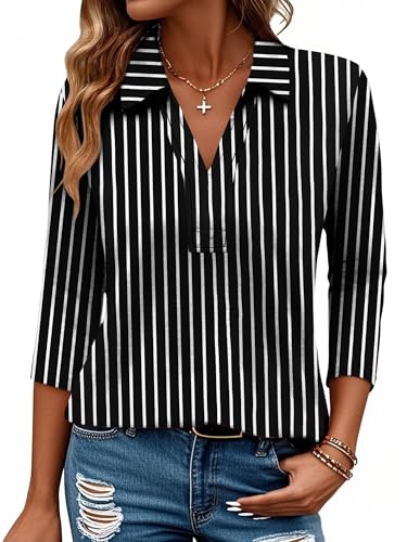 Bellcoco Summer Collared Tops for Women Work 3-4 Sleeve V Neck Cotton Tunic Blouse Loose Polo Shirt,Black White Striped,L