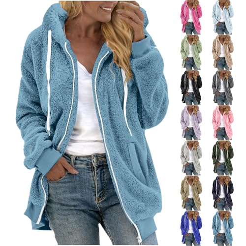 Womens Sherpa Fleece Jacket Long Sleeve Zip Up Hoodie Oversized Pullover Crewneck Sweatshirt Fuzzy Fall Tops