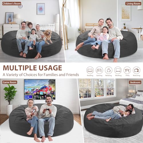 7FT Bean Bag Chair, Large Bean Bag Chairs with Memory Foam Filled, Fluffy Beanbag Sofa with Dutch Velvet Cover, Round BeanBag Chairs for Living Room, Playroom - Grey