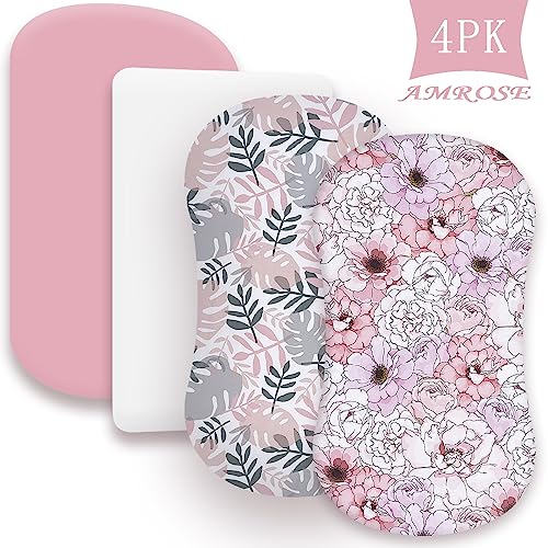 Amrose 4 Pack Heavenly Soft Bassinet Sheets For Baby Girls, Universal Fitted For Various Cradle And Bassinet Mattress Pad, Silk Touch Gentle Breathable Microfiber, Pink Floral & Leaf #TOP6