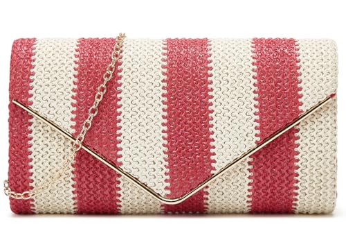 Image of Straw Clutch Bag Women Summer Woven Handbag Striped Chain Crossbody Envelope Shoulder Boho Beach Evening Party Purse