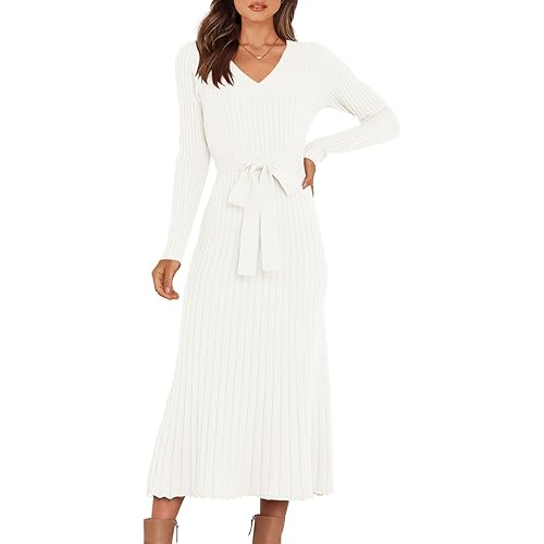 ANRABESS Women's Sweater Dress 2023 Long Sleeve V Neck Tie Waist Slim Fit Elegant Ribbed Knit Bodycon Midi Dress