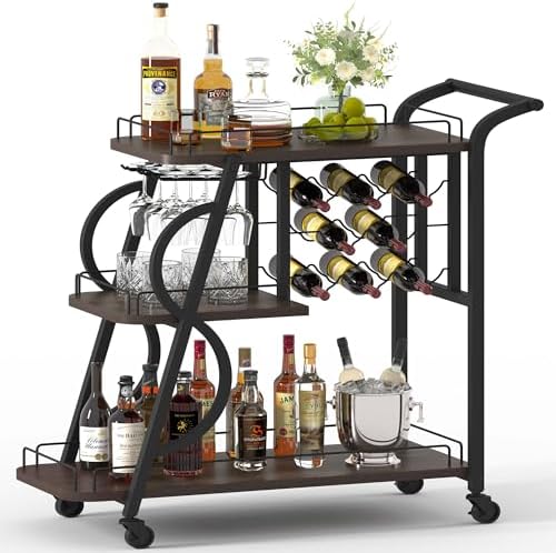 Rustic Bar Cart, 3 Tier Rolling Bar Carts for The Home, Industria...