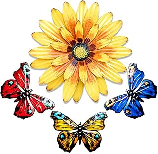 Metal Sunflower and Butterfly Wall Decor Outdoor Indoor, 32cm Metal Yellow Flower with 3 Butterflies Hanging Sculptures Decorations for Garden Fence Garage Patio Porch Bedroom, 3-layer Petal Design