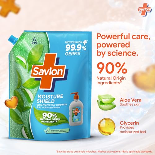 Image of ITC Savlon Moisture Shield Germ Protection Liquid Handwash Refill Pack 1.3L | 99.9% Germ Protection | 90% Natural Origin Ingredients | Family Size Refill Hand wash | Value Pack