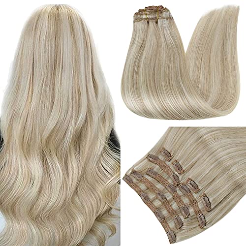 RUNATURE Clip in Hair Extensions Blonde Real Human Hair Clip Ins 14 Inch 120g Ash Blonde Highlight Platinum Blonde Hair Extensions Clip in Human Hair Remy Hair for Women