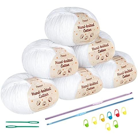 Homewit Cotton Yarn for Crochet Set, 6 Pack 100% Cotton Crochet Yarn with Other Accessories, 50g Soft Professional Knitting Yarn for Baby Clothes, Hats, Towels, Gloves, Yarn Projects Handcrafts, White Cover