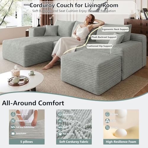 Image of Boneless Cloud Couch Comfy Sectional Couches for Living Room,U Shaped Sofa Couch in a Box with Ottoman Deep Seat Memory Foam Compressed Sofa(Light Gray, 95 inch Left Facing Chaise)