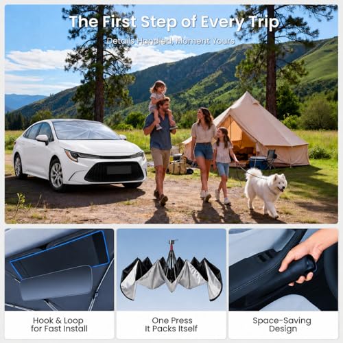 REEVAA 2026 Upgraded Windshield Sun Shade Umbrella [100% Sun Protection & Keep Cool] Protect Interior, 360° Flex Handle Sun Shield Sunshade for Toyota, Chevrolet, Hyundai, K5 — view 6