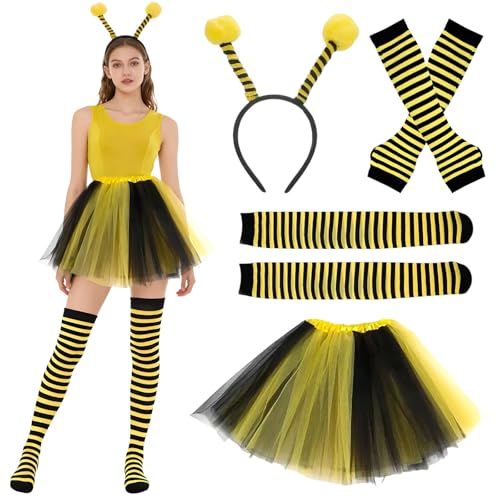 Disfarce de abelha para mulher adulto, abelha costume de acessórios de disfarce abelha de carnaval com bandana, Tutu, luvas riscas, meias, carnaval disfarce mulher para cosplay carnaval festa temática